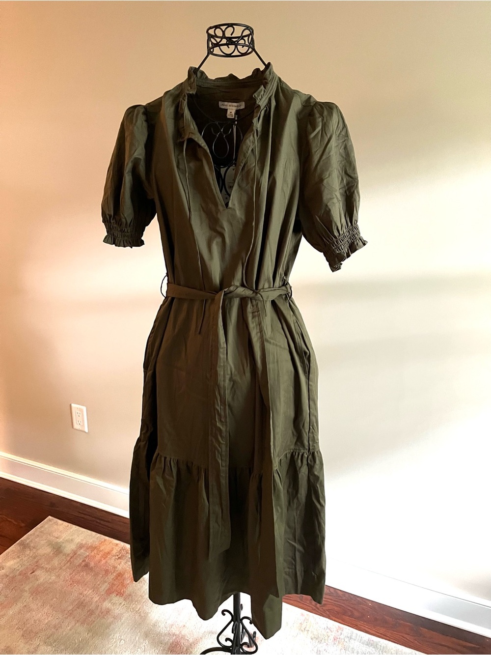 NEW Olive Green Puff Sleeve Tiered Midi Dress with Tie Waist and side pockets
